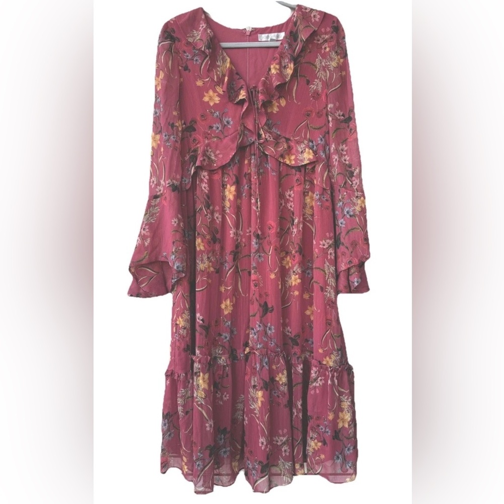 Forever New Dusty Rose Pink Frill Midi Dress Floral Print Babydoll Boho 4 Ruffle